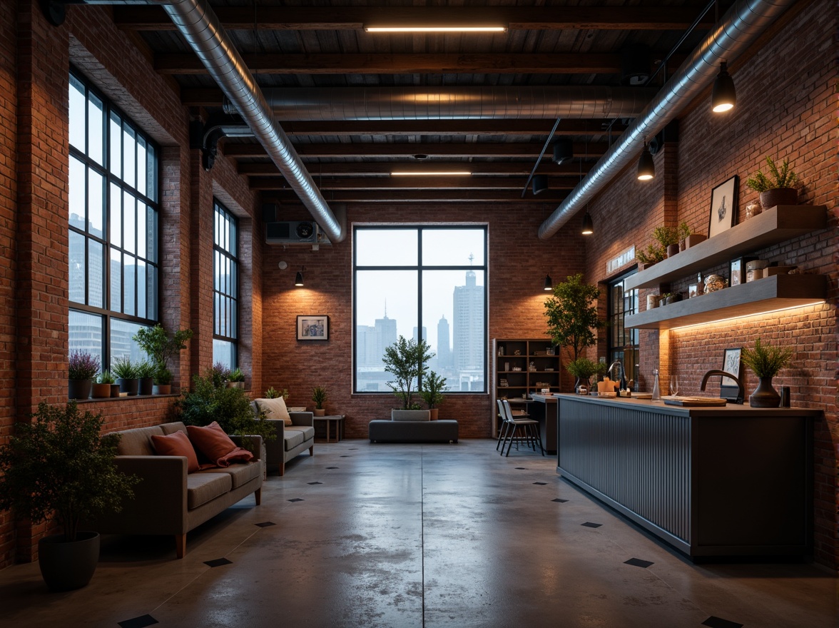 Prompt: Exposed brick walls, distressed concrete floors, metallic beams, industrial pipes, reclaimed wood accents, corrugated metal cladding, neon-lit signage, futuristic LED lighting, minimalist decor, urban cityscape views, foggy atmosphere, cinematic low-key lighting, shallow depth of field, 2/3 composition, realistic reflections, ambient occlusion.