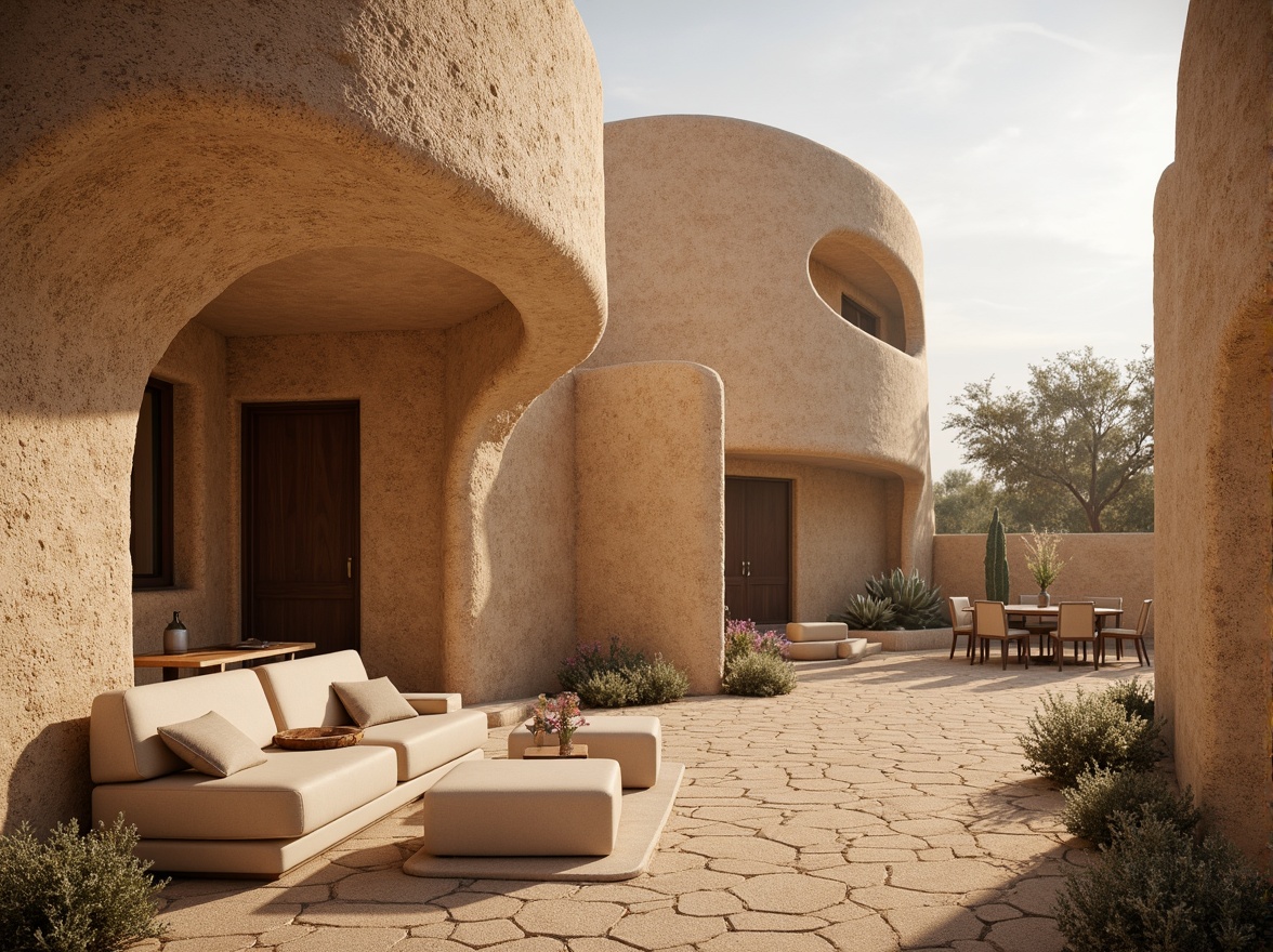 Prompt: Earthy rammed earth walls, natural textures, organic forms, rustic charm, warm beige tones, rough-hewn surfaces, irregular patterns, earthenware bricks, sustainable building materials, eco-friendly construction, natural insulation, thermal mass, passive solar design, desert landscape, arid climate, adobe-inspired architecture, curved lines, soft warm lighting, shallow depth of field, 1/1 composition, realistic textures, ambient occlusion.