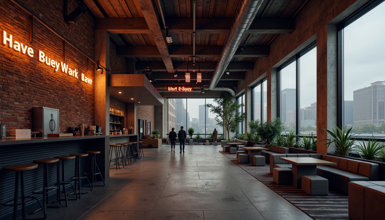 Prompt: Exposed brick walls, distressed concrete floors, metallic beams, industrial pipes, reclaimed wood accents, corrugated metal cladding, neon-lit signage, futuristic LED lighting, minimalist decor, urban cityscape views, foggy atmosphere, cinematic low-key lighting, shallow depth of field, 2/3 composition, realistic reflections, ambient occlusion.