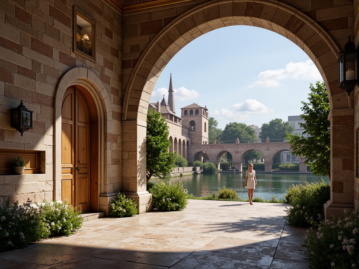 Prompt: Elegant archways, ornate stone carvings, rustic brick facades, grandiose bridge structures, serene water reflections, lush greenery, vibrant flowers, majestic river views, sunny day, soft warm lighting, shallow depth of field, 3/4 composition, panoramic view, realistic textures, ambient occlusion, Renaissance-inspired ornateness, classical columns, symmetrical architecture, harmonious proportions, intricate stonework, weathered copper details, ornamental lanterns.