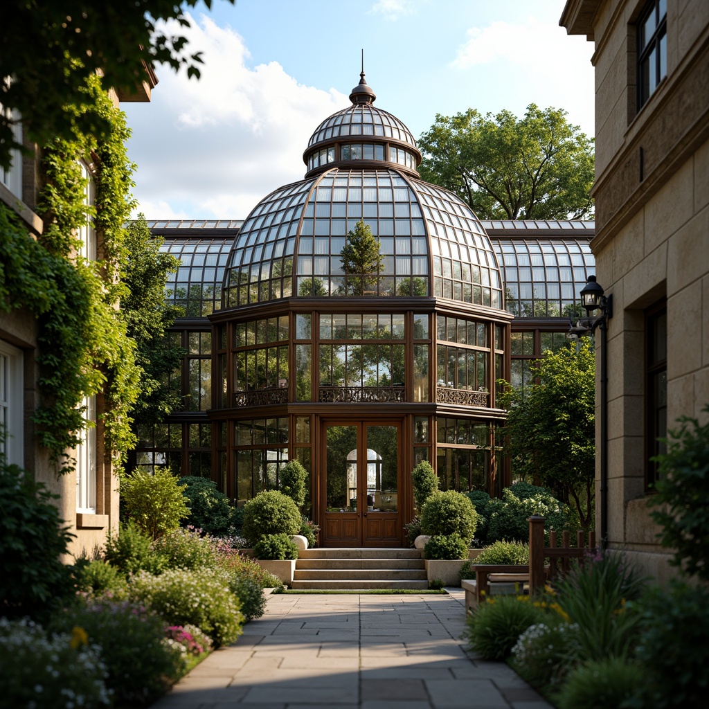 Prompt: Ornate greenhouse facade, lush greenery, elegant Victorian-era details, curved glass roofs, intricate metal frameworks, ornamental ironwork, soft natural light, warm earthy tones, rustic stone walls, climbing vines, blooming flowers, serene atmosphere, shallow depth of field, 1/1 composition, realistic textures, ambient occlusion.