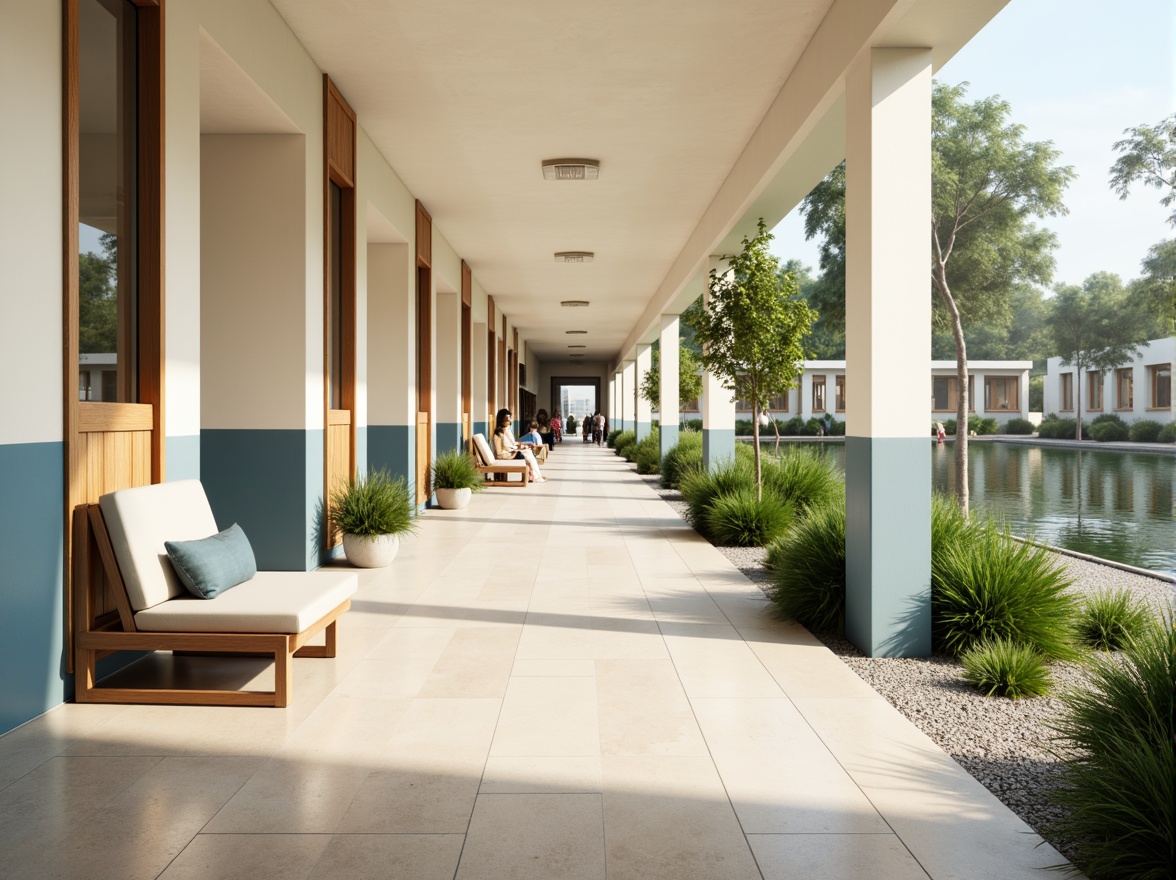 Prompt: Calming hospital corridors, soft pastel hues, gentle cream walls, soothing blue accents, natural wood tones, warm beige flooring, comfortable seating areas, lush green plants, calming water features, peaceful ambient lighting, subtle texture variations, 1/1 composition, shallow depth of field, realistic renderings, ambient occlusion.