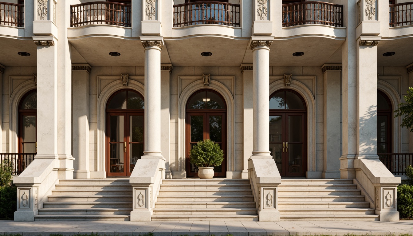 Prompt: Grandiose building facade, ornate columns, intricately carved details, symmetrical composition, classical proportions, limestone or marble materials, subtle color palette, soft natural light, warm afternoon ambiance, shallow depth of field, 2/3 composition, realistic textures, ambient occlusion, ornamental balustrades, decorative friezes, sculpted pediments, grand entranceways, sweeping staircases, elegant archways, refined moldings, luxurious ornamentation.