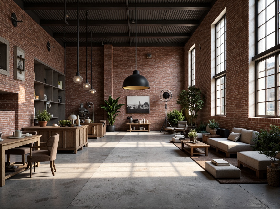 Prompt: Exposed brick walls, metal beams, reclaimed wood accents, industrial-style lighting fixtures, concrete floors, urban cityscape, converted warehouse, modern minimalist decor, functional simplicity, neutral color palette, distressed textures, vintage machinery, eclectic decorative elements, open floor plan, high ceilings, natural light pouring in, dramatic shadows, 3/4 composition, shallow depth of field, realistic renderings.