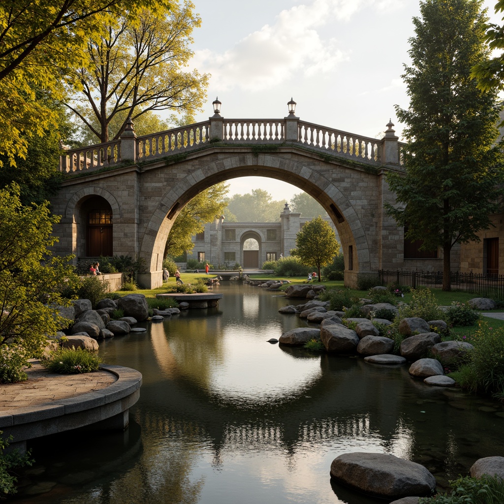 Prompt: Ancient stone bridges, ornate balustrades, rustic arches, weathered stonework, moss-covered piers, tranquil water reflections, serene riverbanks, lush greenery, vibrant flowers, historic lamp posts, decorative ironwork, grandiose entranceways, symmetrical composition, warm golden lighting, soft misty atmosphere, 1/2 composition, realistic textures, ambient occlusion.