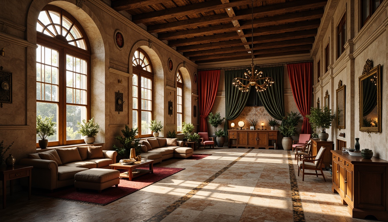 Prompt: Rustic stone walls, ornate carvings, grand archways, stained glass windows, intricate mosaics, polished marble floors, rich wood paneling, luxurious velvet drapes, ornamental metalwork, vintage furniture pieces, warm golden lighting, soft focus, shallow depth of field, 2/3 composition, symmetrical framing, realistic textures, ambient occlusion.