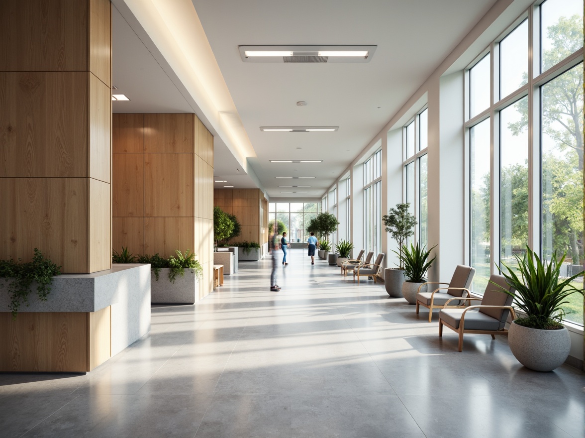 Prompt: Clean hospital corridors, minimalist decor, neutral color palette, sleek metal handrails, polished concrete floors, modern LED lighting, simple furniture designs, ergonomic chairs, calm atmosphere, natural stone accents, greenery installations, floor-to-ceiling windows, abundant natural light, soft warm tones, shallow depth of field, 3/4 composition, realistic textures, ambient occlusion.