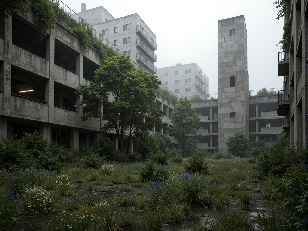 Prompt: Rugged brutalist architecture, raw concrete textures, fortress-like structures, overgrown vegetation, wildflowers, moss-covered walls, industrial landscapes, abandoned factories, crumbling brick facades, distressed metal accents, urban decay, post-apocalyptic atmosphere, dramatic lighting, low-angle shots, cinematic composition, gritty realistic renderings, atmospheric fog effects, misty mornings, eerie silence.