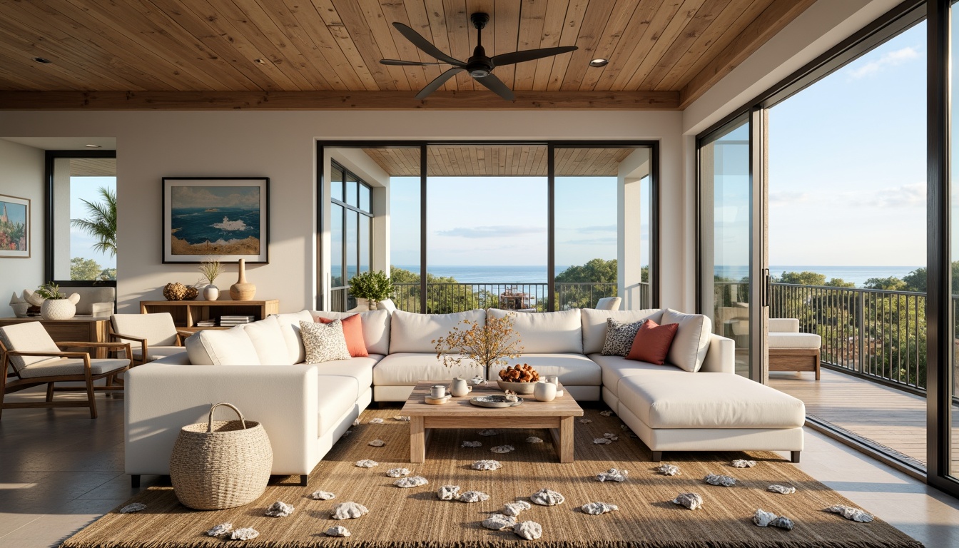 Prompt: Coastal living room, ocean-inspired color palette, driftwood accents, natural textiles, woven sea grass rugs, shell-adorned decorative pieces, floor-to-ceiling windows, sliding glass doors, beachy vibe, soft warm lighting, 1/1 composition, shallow depth of field, realistic wood textures, ambient occlusion, modern minimalist furniture, plush sectional sofas, reclaimed wood coffee tables, nautical-themed artwork, coral-patterned throw pillows, sea salt-scented candles, calming atmosphere.