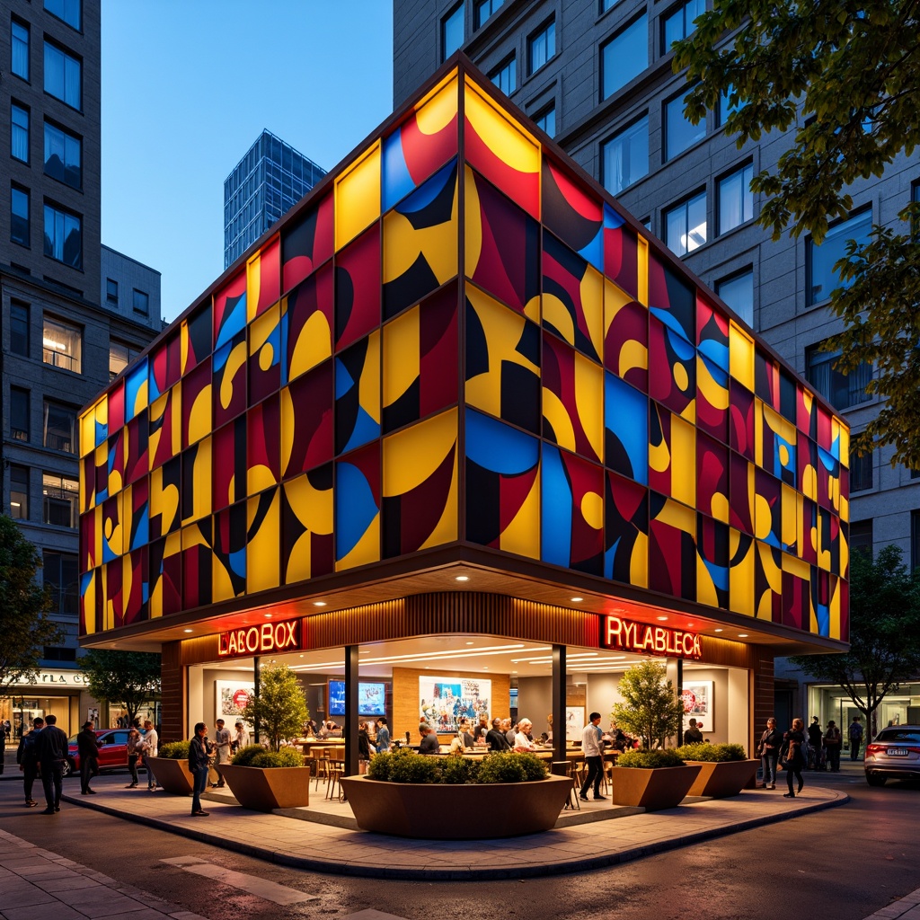 Prompt: Vibrant restaurant facade, expressionist architecture, bold geometric shapes, bright primary colors, abstract patterns, irregular forms, dynamic lighting effects, neon signs, metallic accents, industrial materials, exposed ductwork, urban cityscape, bustling streets, evening atmosphere, warm golden lighting, shallow depth of field, 1/1 composition, dramatic shadows, high-contrast textures.