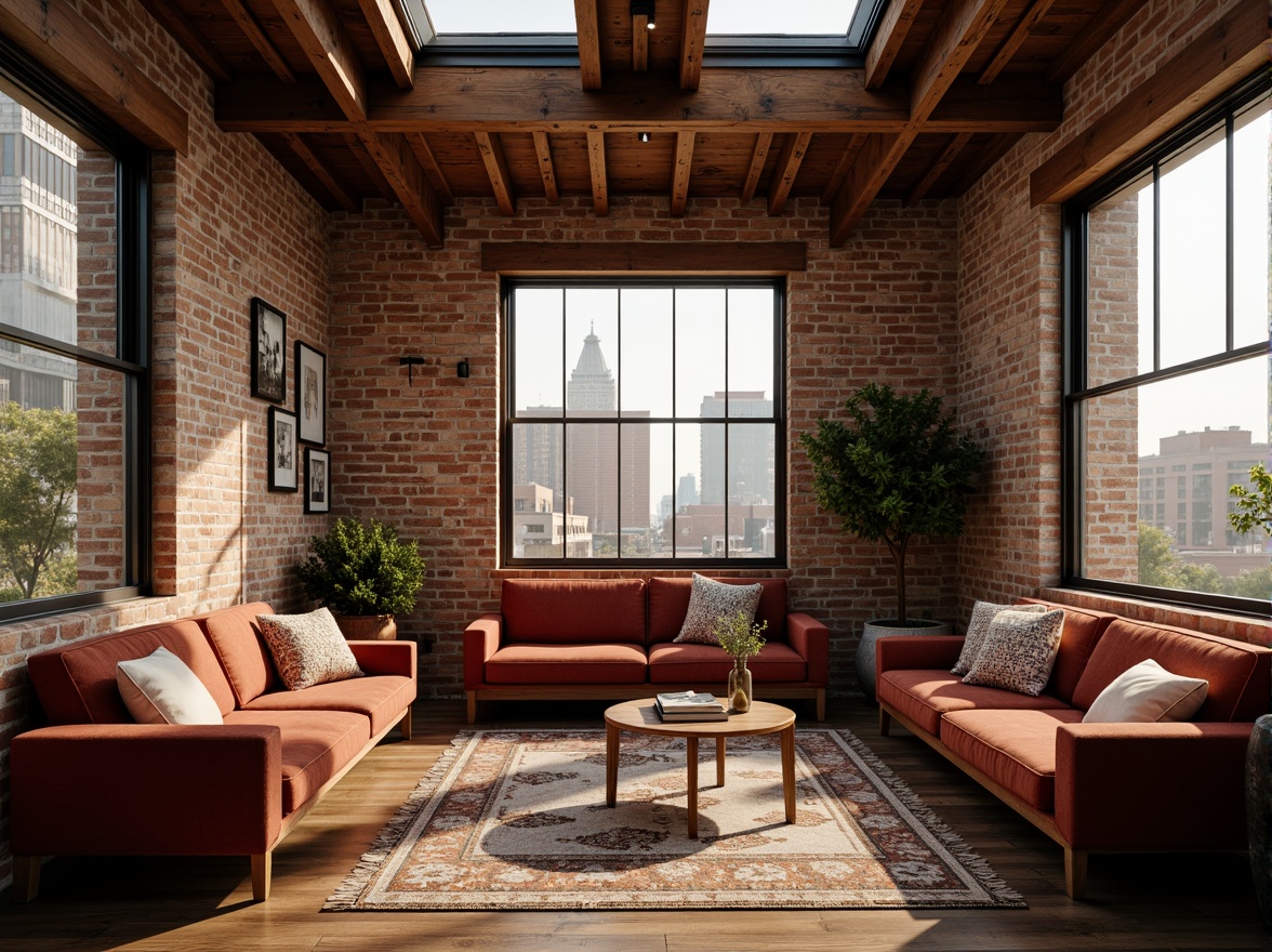 Prompt: Exposed brick walls, wooden beam ceilings, industrial chic decor, cozy reading nooks, plush velvet sofas, vintage rugs, distressed wood furniture, soft warm lighting, large windows, skylights, clerestory windows, urban cityscape views, romantic ambiance, intimate atmosphere, natural textiles, earthy color palette, minimalist ornamentation, functional simplicity, airy open spaces, 1/1 composition, shallow depth of field, warm golden hour lighting.