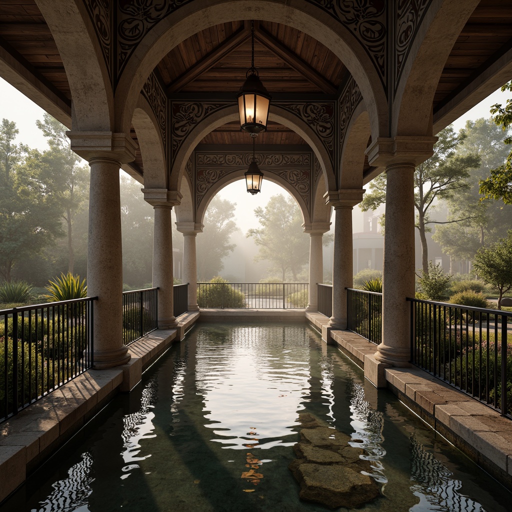 Prompt: Intricate stone carvings, ornate metal railings, grandiose arches, majestic columns, rustic stonework, weathered copper accents, lavish lanterns, dramatic water reflections, misty morning atmosphere, soft warm lighting, shallow depth of field, 1/2 composition, symmetrical framing, realistic textures, ambient occlusion.