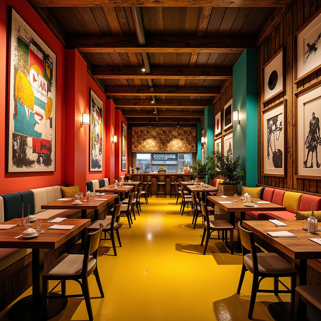 Prompt: Vibrant restaurant interior, expressionist art style, bold color palette, warm golden lighting, rich wood accents, eclectic furniture, abstract artwork, geometric patterns, bright coral walls, deep turquoise ceilings, sunny yellow floors, distressed metal decorations, reclaimed wood textures, industrial chic atmosphere, dramatic shadows, high contrast ratio, 1/2 composition, cinematic lighting, realistic reflections.