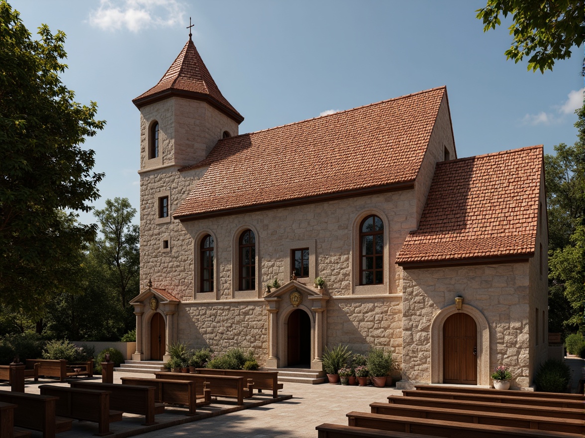 Prompt: Rustic church building, steeply pitched roof, terracotta tiles, ornate stone carvings, stained glass windows, wooden pews, vaulted ceilings, grand entrance doors, intricate stone facades, traditional vernacular style, earthy color palette, natural textures, warm ambient lighting, soft shadows, 1/2 composition, realistic render, detailed architectural elements.