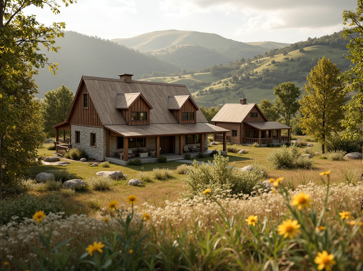 Prompt: Rustic rural landscape, rolling hills, wooden farmhouses, earthy tones, warm beige, soft sage, muted terracotta, weathered wood accents, natural stone foundations, pitched roofs, dormer windows, cozy porches, lush greenery, blooming wildflowers, sunny afternoon, gentle warm lighting, shallow depth of field, 1/2 composition, realistic textures, ambient occlusion.