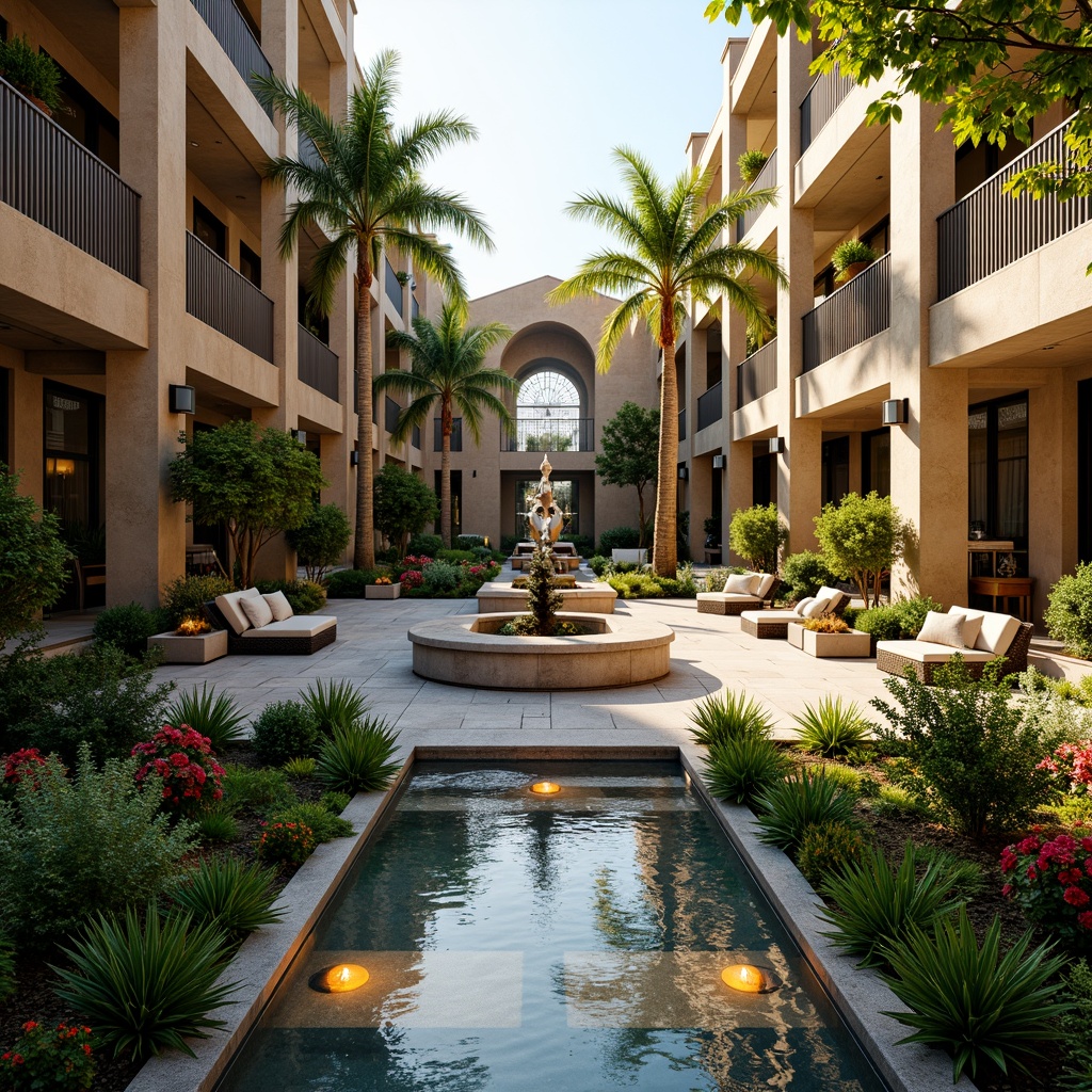 Prompt: Geometric gardens, ornate fountains, symmetrical pathways, lush greenery, vibrant flowers, tropical palms, angular hedges, modern sculptures, metallic accents, luxurious outdoor furniture, bold color schemes, intricate mosaics, ornamental gates, grand entranceways, dramatic lighting effects, warm golden illumination, shallow depth of field, 1/1 composition, realistic textures, ambient occlusion.