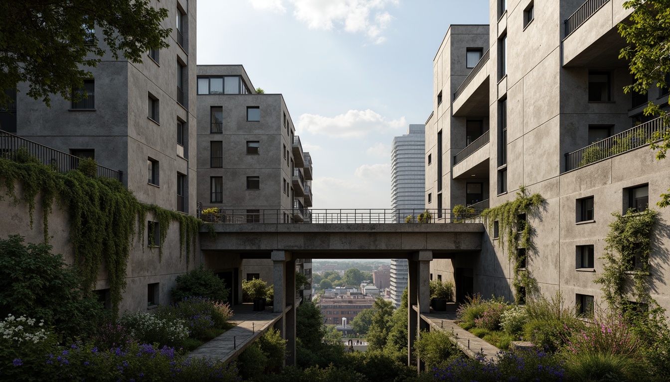 Prompt: Rugged brutalist buildings, raw concrete textures, fortress-like structures, overgrown vegetation, wildflowers, moss-covered walls, weathered steel beams, industrial materials, urban landscape integration, cityscape views, elevated walkways, cantilevered sections, dramatic shadows, harsh natural light, 1/1 composition, symmetrical framing, high-contrast lighting, gritty realistic textures, ambient occlusion.