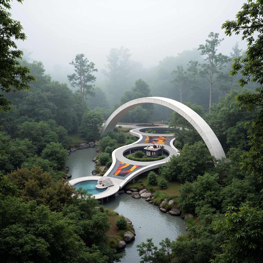 Prompt: Curved bridge silhouette, harmonious landscape integration, lush greenery, meandering waterways, natural stone foundations, sleek modern architecture, fusion of structural elements, dynamic lighting effects, misty atmospheric conditions, shallow depth of field, 1/2 composition, panoramic view, realistic textures, ambient occlusion, vibrant colorful accents, intricate geometric patterns, innovative material usage, sustainable design principles.