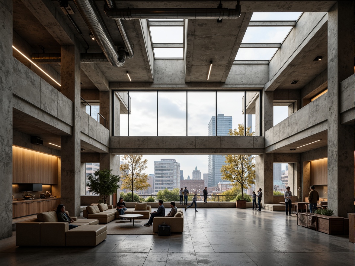 Prompt: Rugged community center, brutalist architecture, raw concrete walls, exposed ductwork, industrial metal beams, natural light pouring in, large skylights, clerestory windows, urban landscape views, gritty cityscape, overcast sky, soft diffused lighting, high contrast shadows, dramatic architectural angles, bold structural elements, minimalist interior design, functional simplicity, communal gathering spaces, reclaimed wood accents, earthy color palette, organic textures, 3/4 composition, cinematic framing, realistic render.