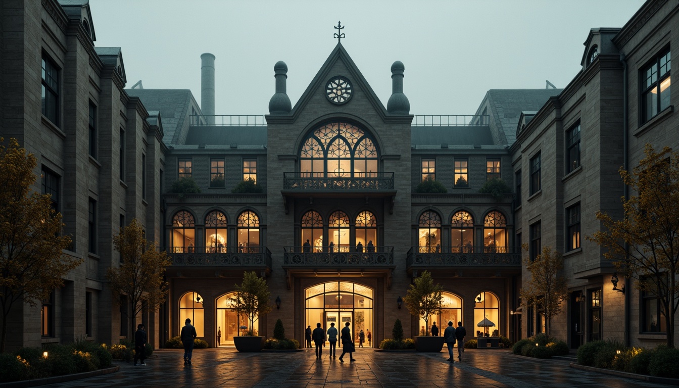 Prompt: Industrial factory building, Gothic-inspired facade, intricate stone carvings, pointed arches, ribbed vaults, flying buttresses, grand entrance gates, ornate metalwork, stained glass windows, dramatic verticality, imposing scale, mysterious ambiance, foggy atmosphere, warm golden lighting, high contrast ratio, 1/2 composition, cinematic view, detailed textures, ambient occlusion.