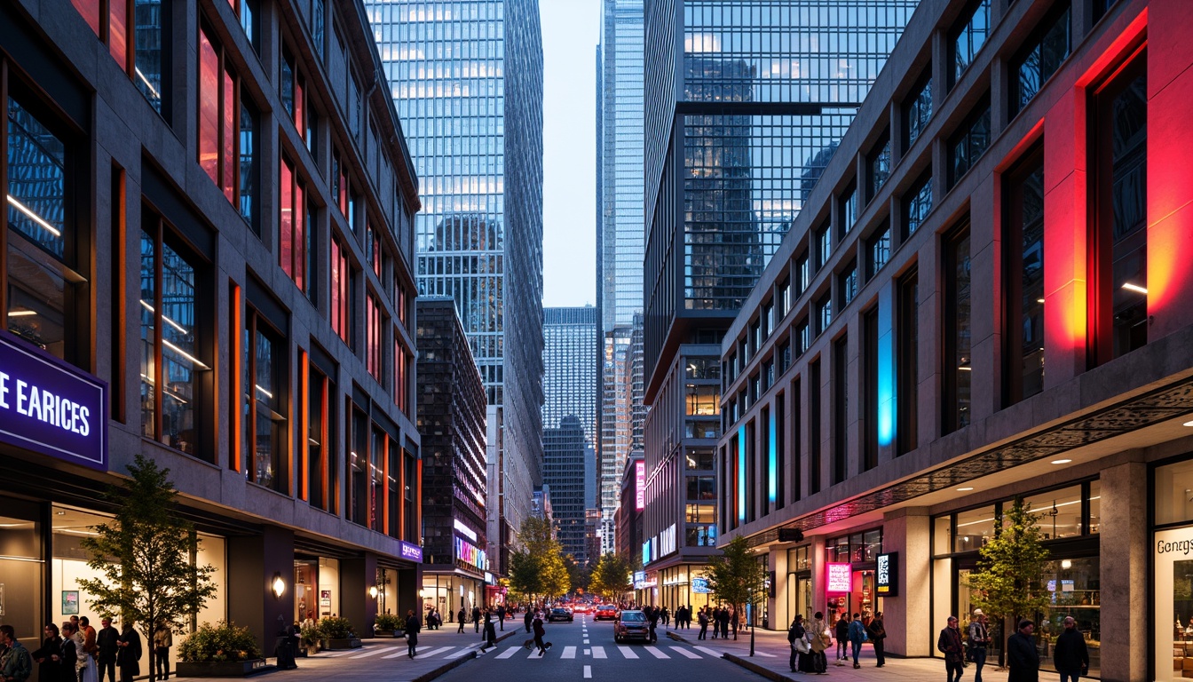 Prompt: Vibrant cityscape, modern skyscrapers, bold color blocking, contrasting hues, neon lights, urban atmosphere, bustling streets, pedestrian walkways, dynamic architecture, geometric patterns, metallic accents, glass facades, reflective surfaces, warm ambient lighting, shallow depth of field, 1/1 composition, realistic textures, ambient occlusion.