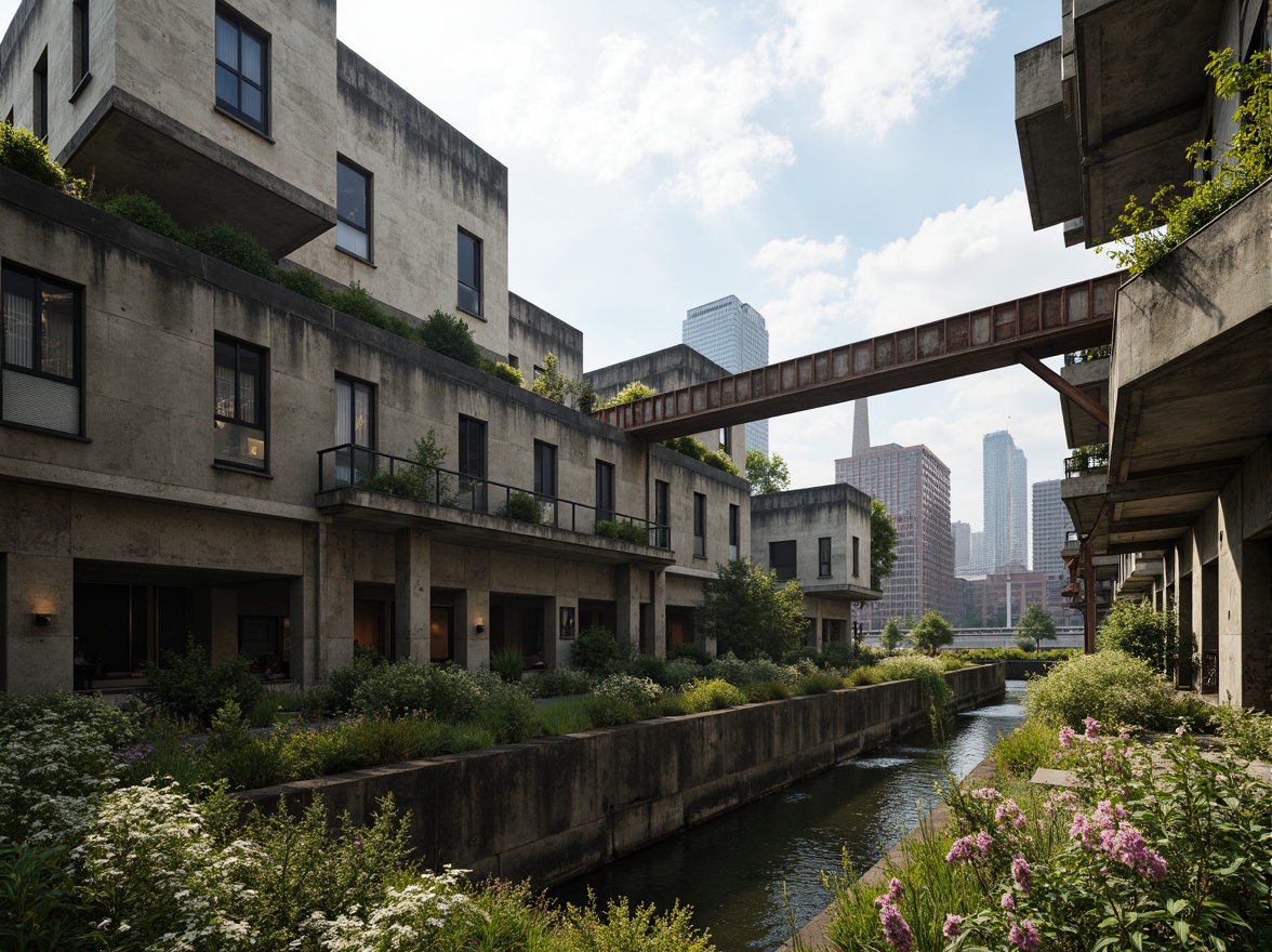 Prompt: Rugged brutalist buildings, raw concrete textures, fortress-like structures, overgrown vegetation, wildflowers, moss-covered walls, weathered steel beams, industrial materials, urban landscape integration, cityscape views, elevated walkways, cantilevered sections, dramatic shadows, harsh natural light, 1/1 composition, symmetrical framing, high-contrast colors, gritty realistic textures, ambient occlusion.