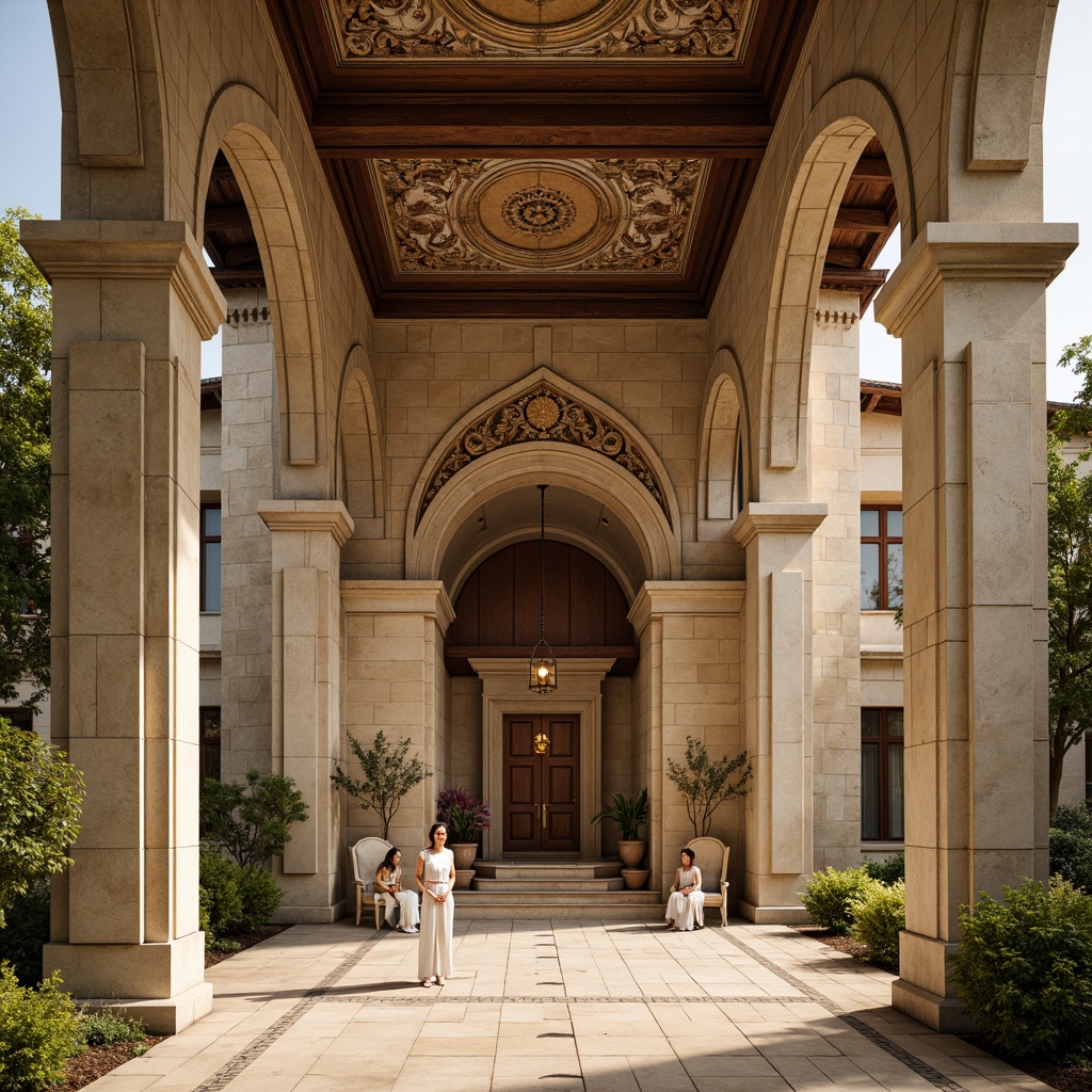 Prompt: Elegant monastery facade, neoclassical columns, ornate stone carvings, grand entrance archways, symmetrical composition, soft golden lighting, warm beige stonework, subtle texture details, intricate fresco patterns, vaulted ceilings, stained glass windows, rustic wooden doors, serene courtyard, lush greenery, peaceful atmosphere, shallow depth of field, 1/1 composition, realistic textures, ambient occlusion.