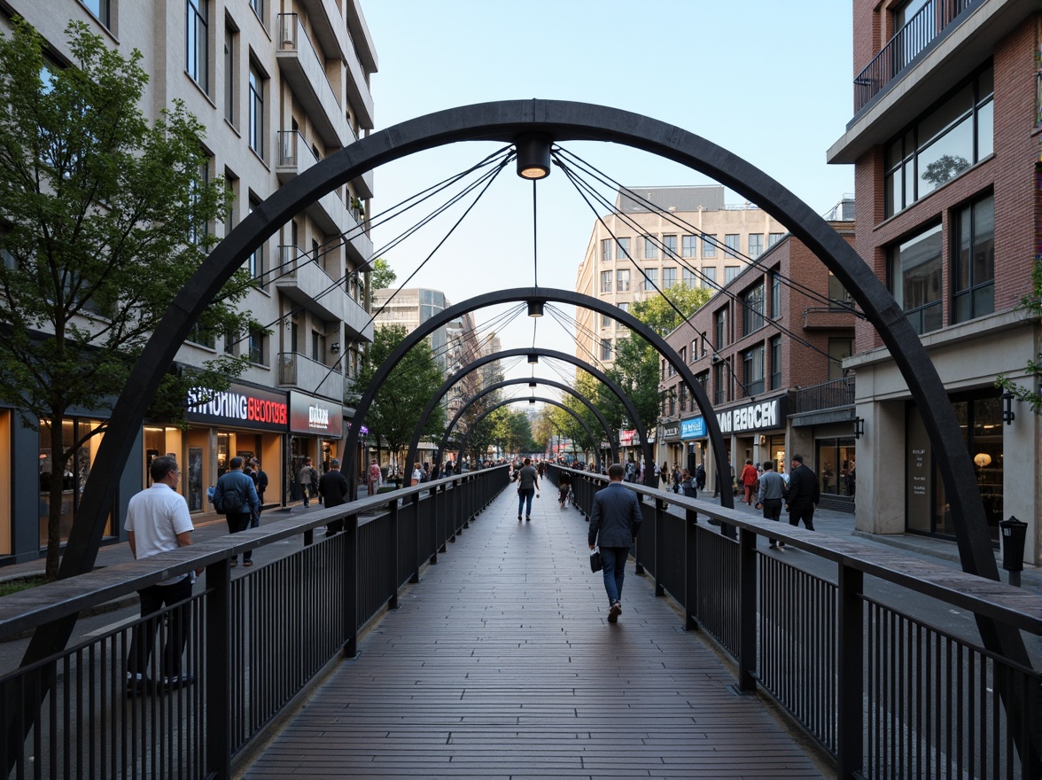 Prompt: Curved pedestrian bridge, steel arches, suspension cables, wooden decking, metal railings, lantern-style lighting, urban cityscape, busy streets, morning commute, soft natural light, shallow depth of field, 1/2 composition, symmetrical view, realistic reflections, ambient occlusion.