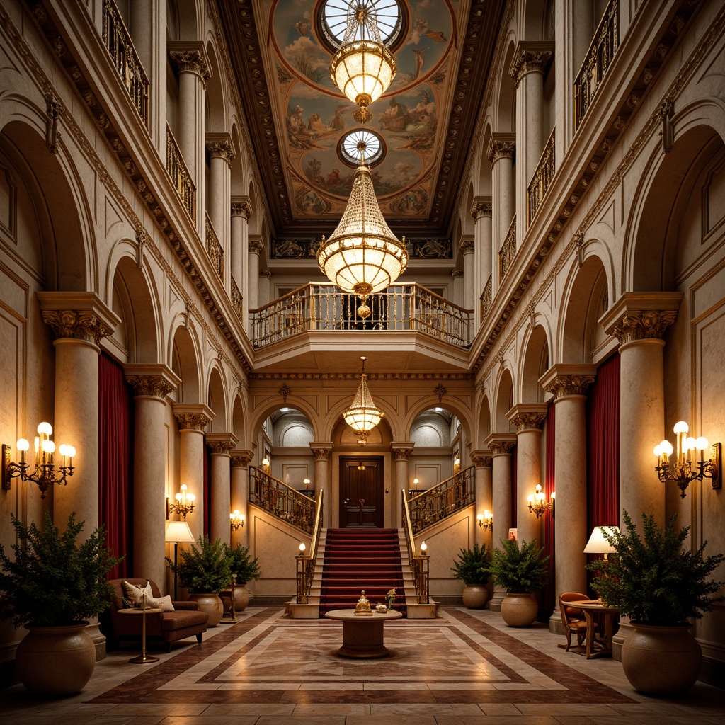 Prompt: Grandiose palace, ornate facades, intricately carved stone decorations, gilded accents, sweeping arches, grand staircases, opulent chandeliers, lavish furnishings, rich velvet drapes, majestic columns, ornamental frescoes, dramatic lighting effects, warm golden tones, highly detailed textures, shallow depth of field, 1/2 composition, symmetrical framing, realistic ambient occlusion.