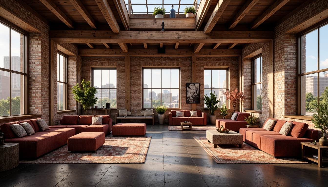 Prompt: Exposed brick walls, wooden beam ceilings, industrial chic decor, cozy reading nooks, plush velvet sofas, vintage rugs, distressed wood furniture, soft warm lighting, large windows, skylights, clerestory windows, urban cityscape views, romantic ambiance, intimate atmosphere, natural textiles, earthy color palette, minimalist ornamentation, functional simplicity, airy open spaces, 1/1 composition, shallow depth of field, warm golden hour lighting.