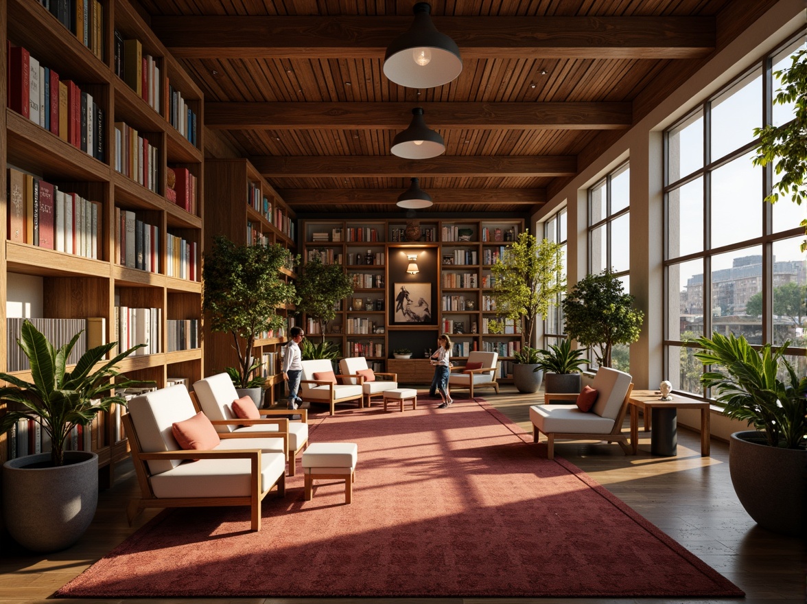 Prompt: Cozy library atmosphere, warm wooden shelves, comfortable reading nooks, soft cushioned chairs, floor lamps, table lamps, pendant lights, natural light pouring in, large windows, high ceilings, modern minimalist design, sleek metal fixtures, energy-efficient LED lighting, color-changing ambiance, warm white tones, relaxing reading areas, quiet study zones, inspirational quotes on walls, rich wood accents, plush carpets, vibrant book collections, futuristic architecture, panoramic views, realistic textures, ambient occlusion.