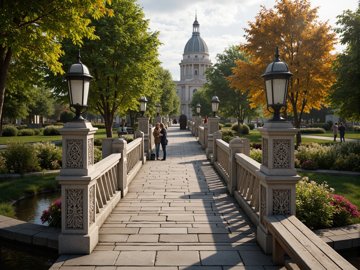 Prompt: Ornate Baroque pedestrian bridge, intricately carved stone balustrades, lush greenery, vibrant flowers, majestic trees, serene water features, gentle streams, rustic wooden benches, natural stone pathways, decorative lampposts, soft warm lighting, shallow depth of field, 3/4 composition, panoramic view, realistic textures, ambient occlusion, romantic atmosphere, whimsical details, elegant curves, ornamental metalwork, grandiose architecture, historic charm.