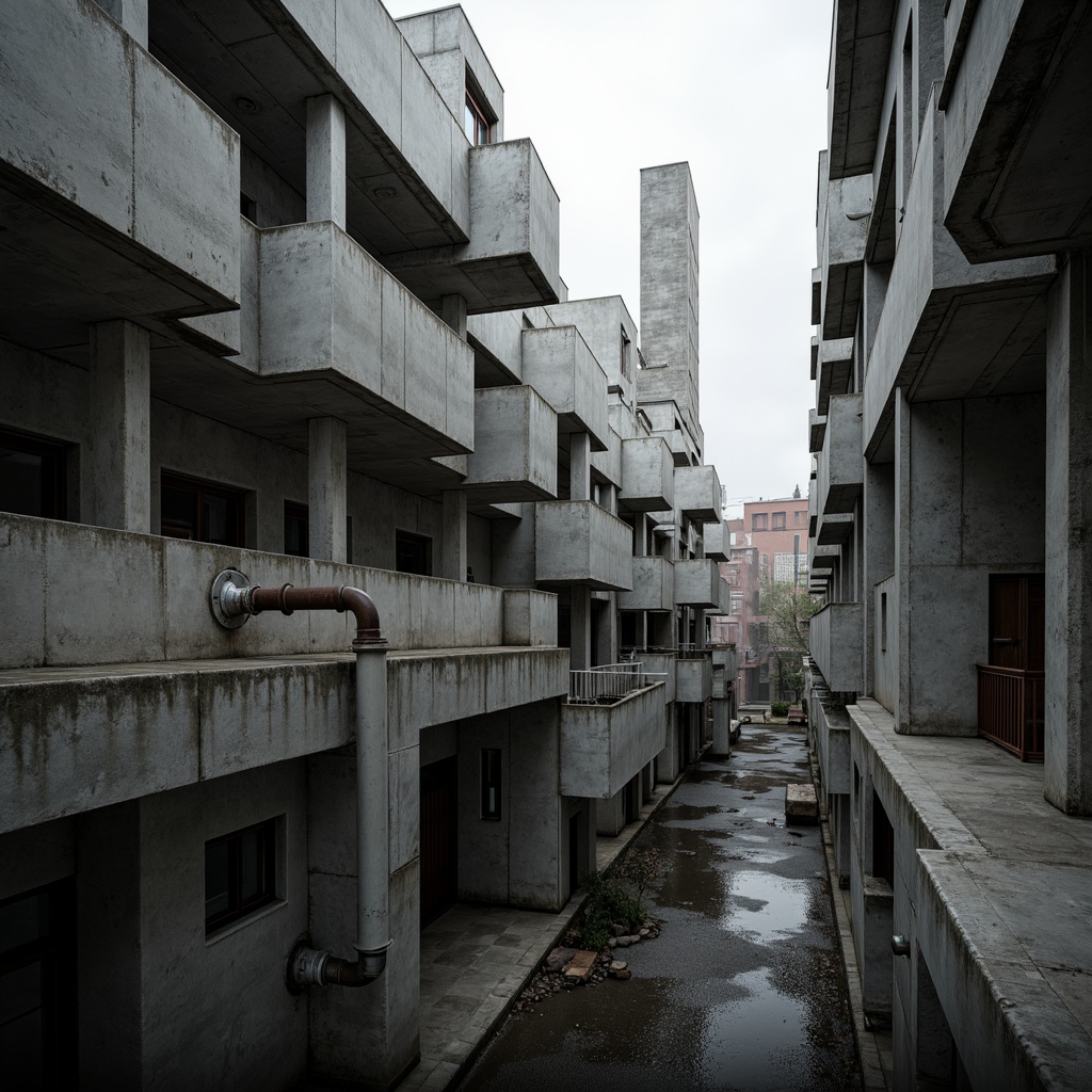 Prompt: Exposed concrete walls, rugged textures, industrial pipes, raw steel beams, minimalist balconies, brutalist architecture, urban cityscape, gloomy overcast sky, dramatic shadows, high-contrast lighting, bold geometric forms, functional simplicity, distressed finishes, poured-in-place concrete, cold monochromatic color palette, 1/1 composition, low-angle shot, cinematic atmosphere, gritty realistic textures.