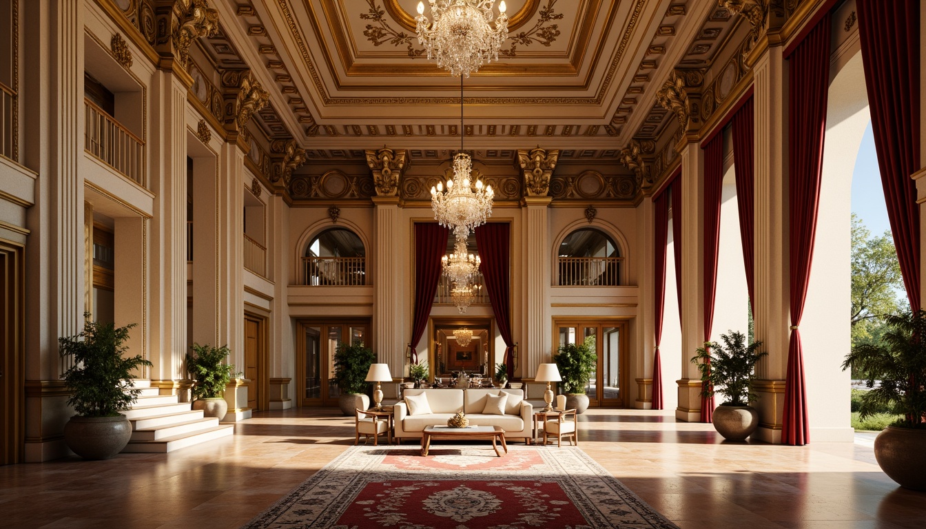 Prompt: Grandiose neoclassical facade, ornate columns, intricately carved capitals, lavish moldings, gilded accents, marble floors, crystal chandeliers, sweeping staircases, opulent furnishings, velvet drapes, richly patterned rugs, majestic archways, symmetrical composition, warm golden lighting, shallow depth of field, 1/1 aspect ratio, highly detailed textures, ambient occlusion.