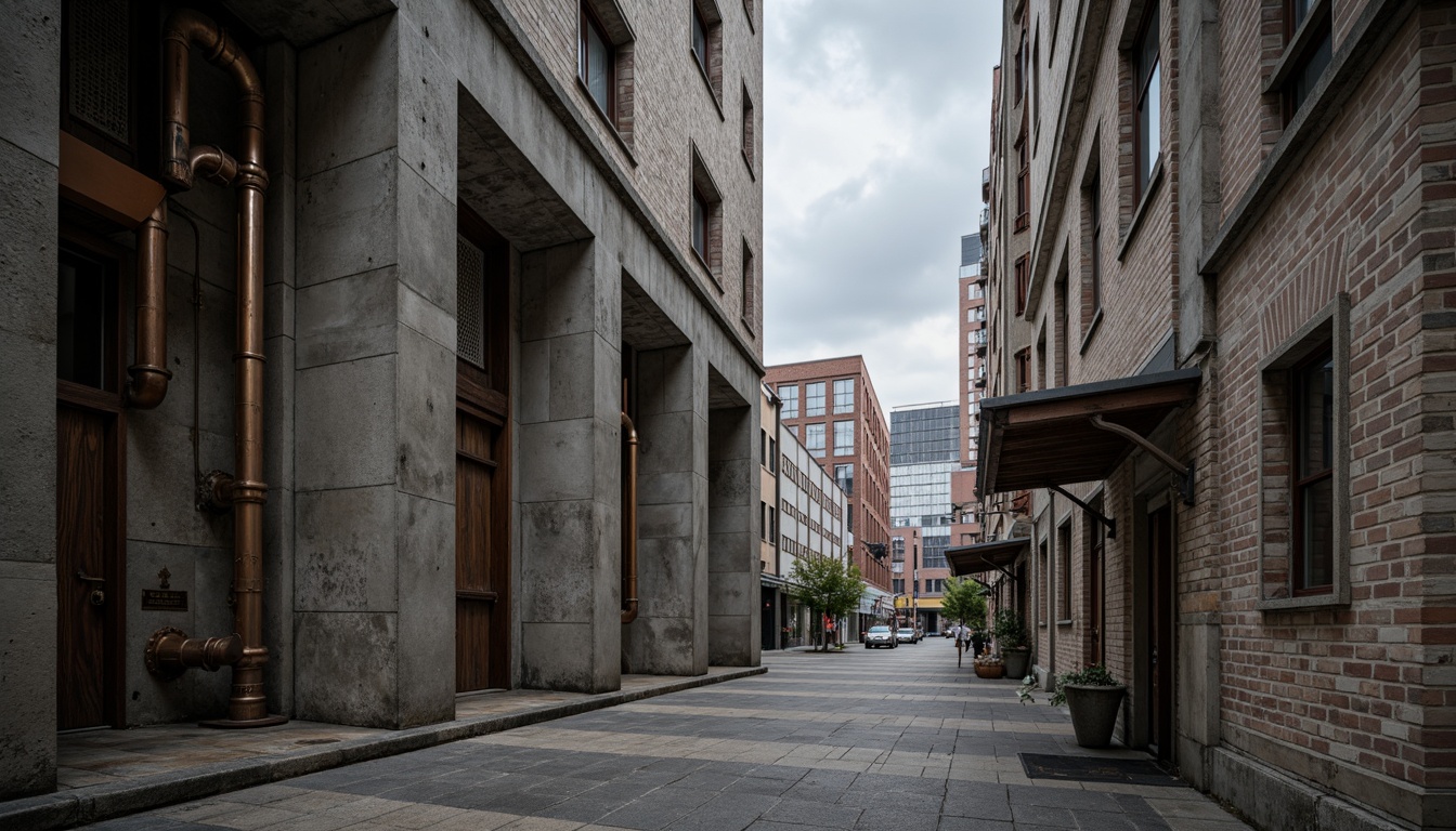 Prompt: Rough concrete walls, exposed ductwork, industrial metal beams, raw brick facades, weathered stone surfaces, distressed wood accents, brutalist monumentality, fortress-like structures, urban cityscape, overcast skies, dramatic shadows, high-contrast lighting, cinematic composition, gritty realistic textures, ambient occlusion.