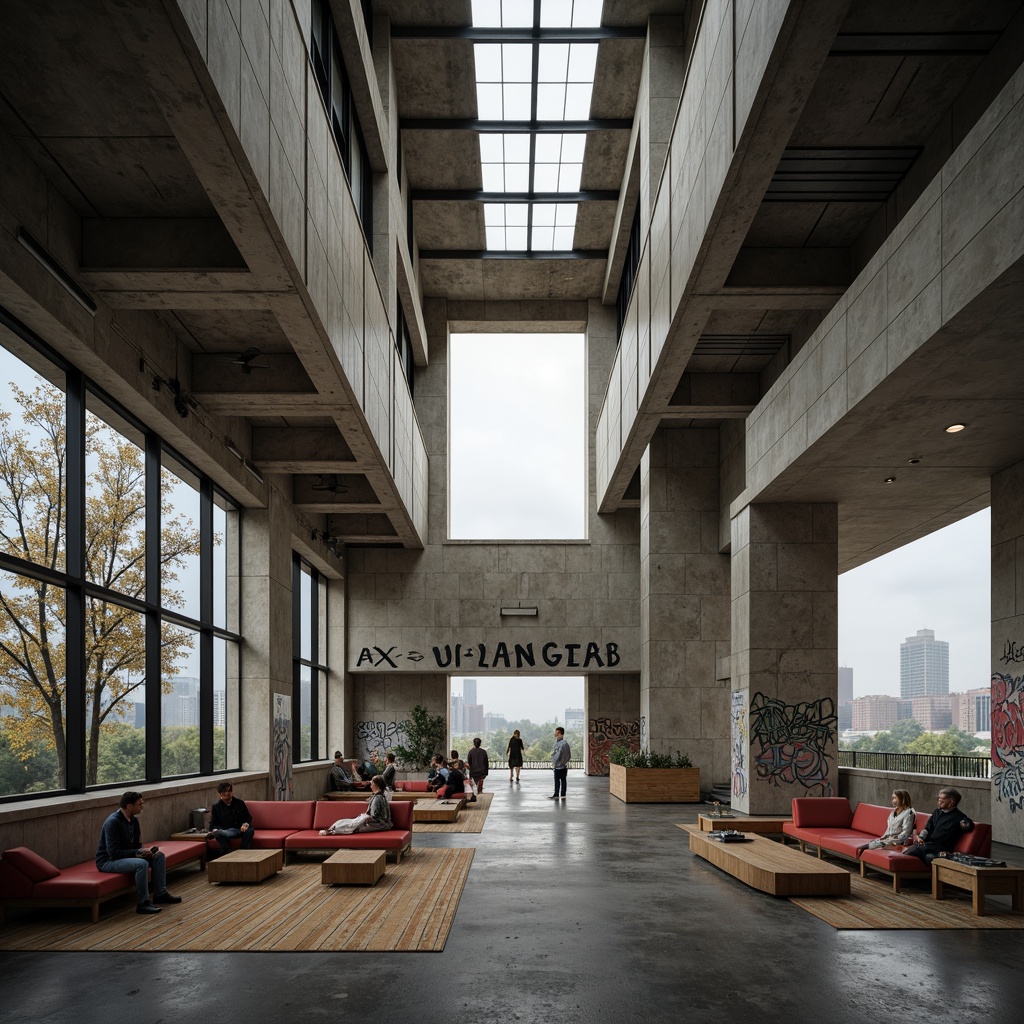 Prompt: Rugged community center, brutalist architecture, raw concrete walls, exposed ductwork, industrial metal beams, natural light pouring in, large skylights, clerestory windows, urban landscape views, gritty cityscape, overcast sky, soft diffused lighting, high contrast shadows, dramatic architectural forms, bold geometric shapes, functional minimalism, communal gathering spaces, reclaimed wood accents, weathered steel features, abstract graffiti art, moody atmospheric tones, cinematic composition, realistic textures, ambient occlusion.