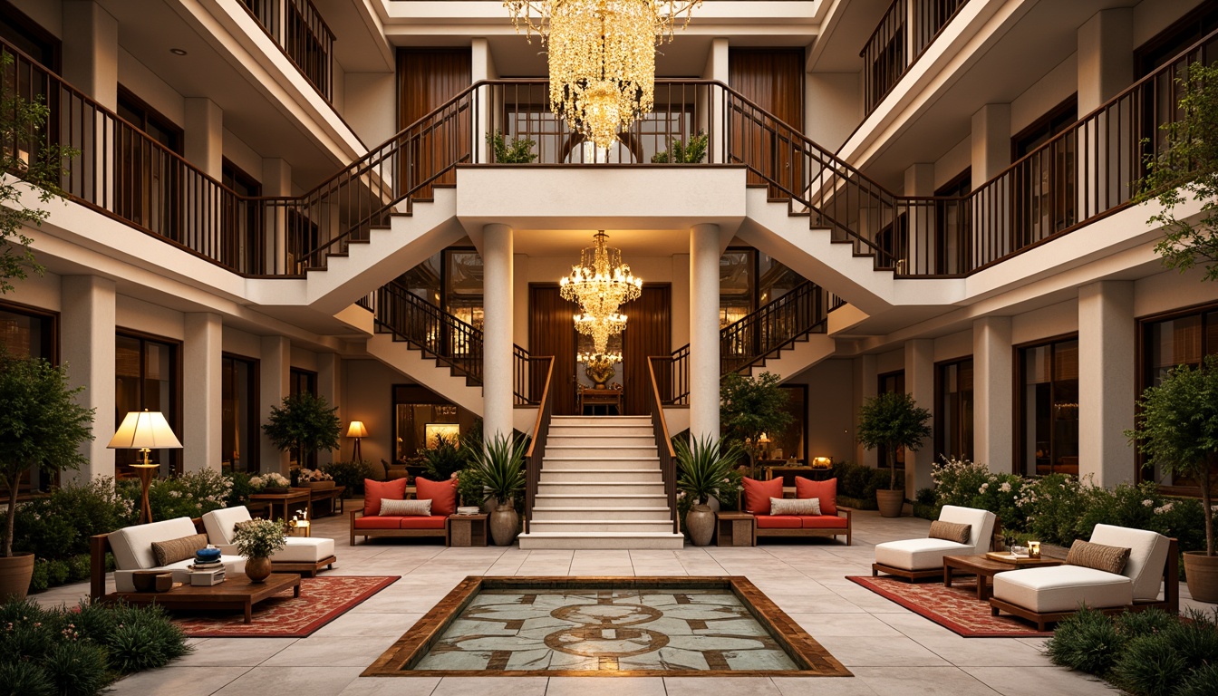 Prompt: Luxurious villa, symmetrical facade, geometric patterns, ornate metalwork, lavish decorations, opulent furnishings, grand entrance, sweeping staircases, elegant chandeliers, rich textiles, bold color schemes, metallic accents, reflective surfaces, precise lines, balanced composition, 1/1 aspect ratio, central axis, radial symmetry, harmonious proportions, sophisticated ambiance, warm golden lighting, soft focus, shallow depth of field.