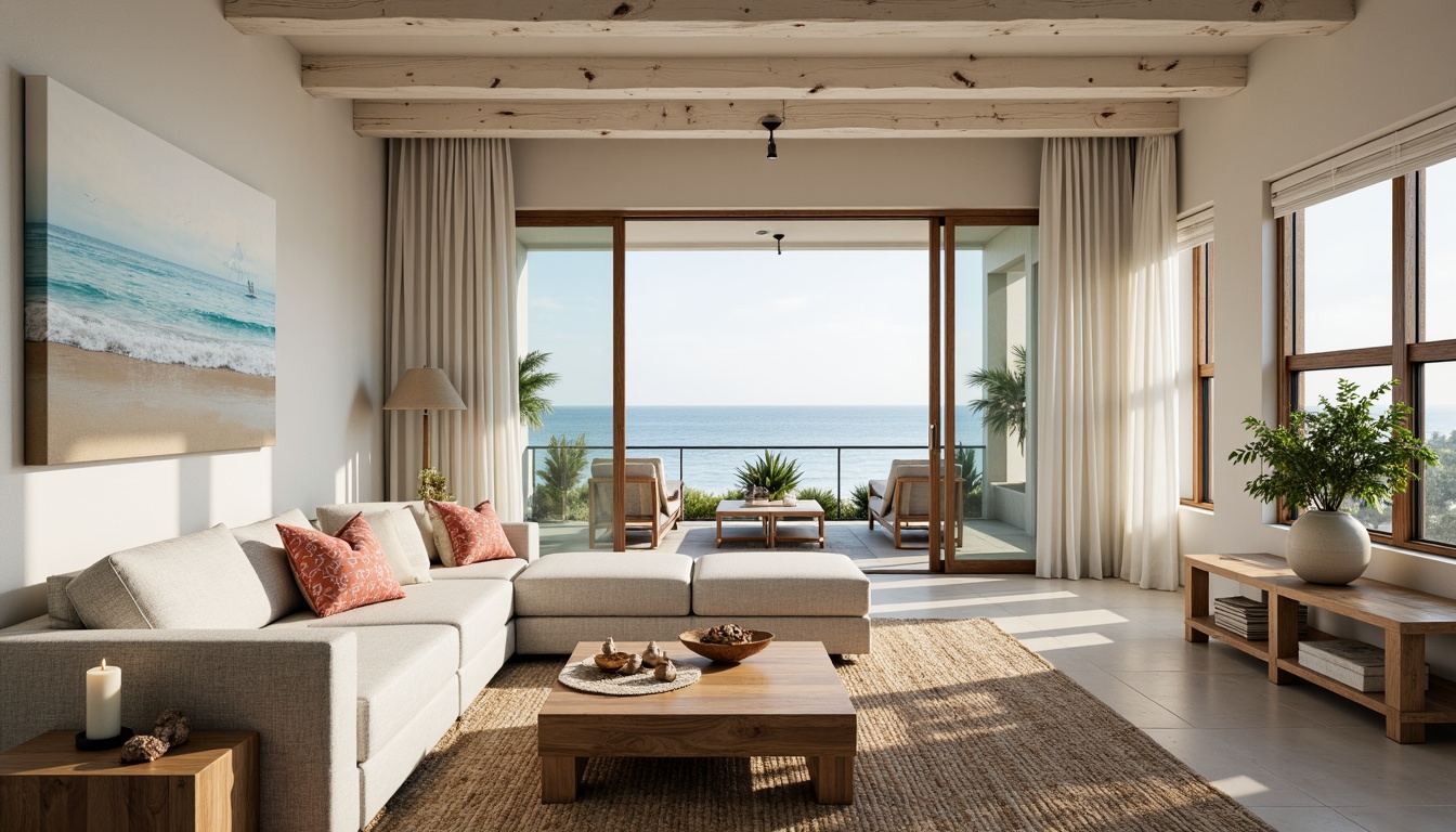 Prompt: Coastal living room, ocean-inspired color palette, driftwood accents, natural textiles, woven sea grass rugs, shell-adorned decorative pieces, floor-to-ceiling windows, sliding glass doors, beachy vibe, soft warm lighting, 1/1 composition, shallow depth of field, realistic wood textures, ambient occlusion, modern minimalist furniture, plush sectional sofas, reclaimed wood coffee tables, nautical-themed artwork, coral-patterned throw pillows, sea salt-scented candles, calming atmosphere.