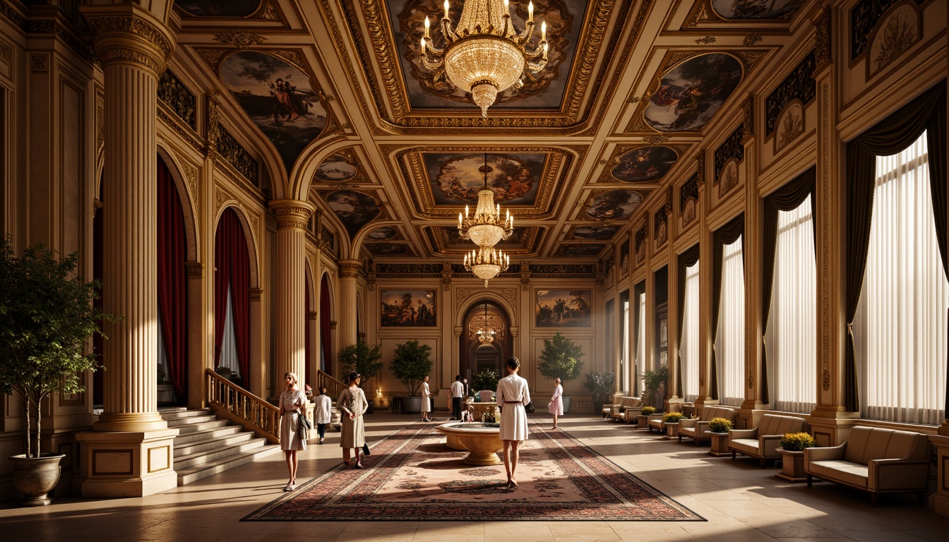 Prompt: Grandiose palace, ornate facades, intricately carved stone decorations, gilded accents, sweeping arches, grand staircases, opulent chandeliers, lavish furnishings, rich velvet drapes, majestic columns, ornamental frescoes, dramatic lighting effects, warm golden tones, highly detailed textures, shallow depth of field, 1/2 composition, symmetrical framing, realistic ambient occlusion.