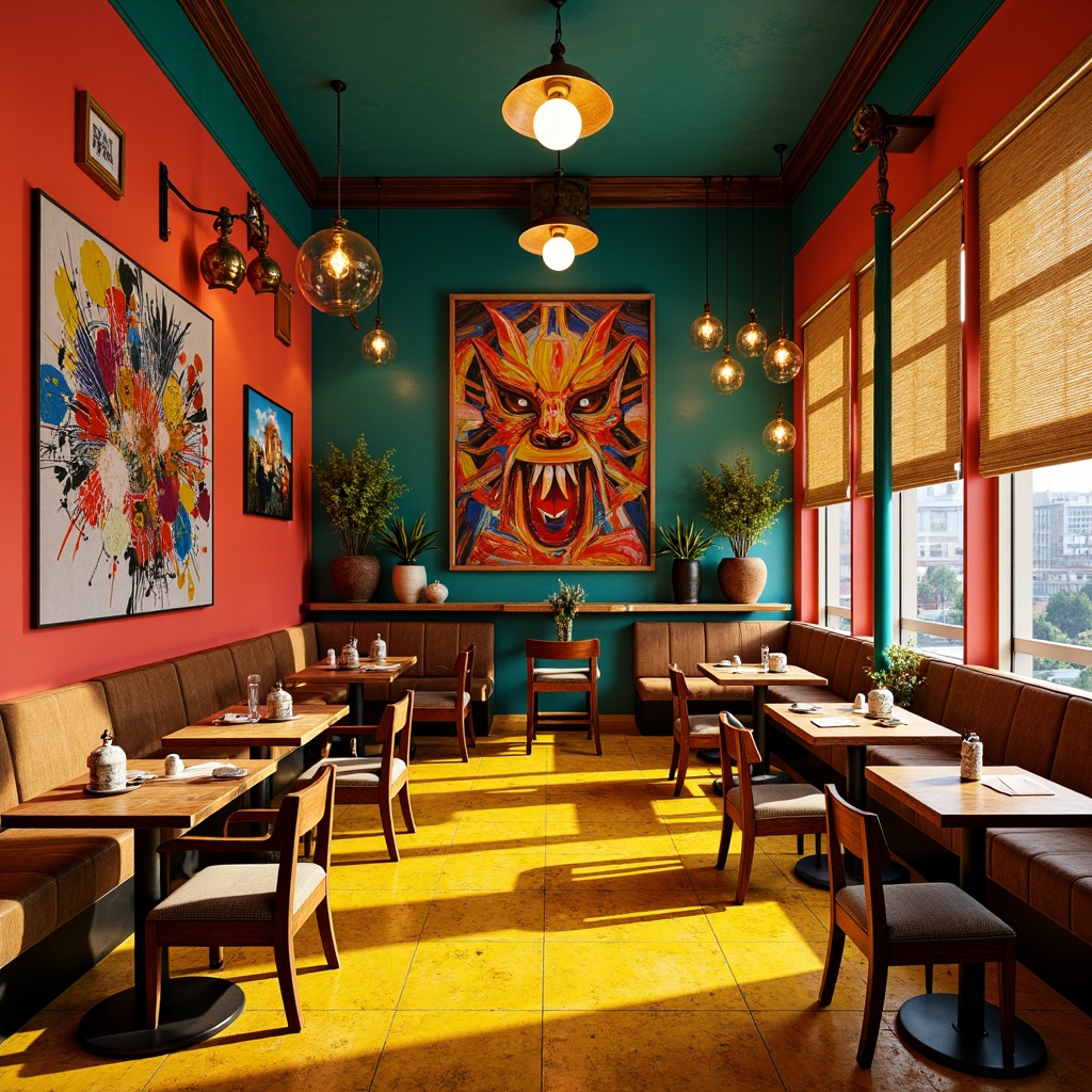 Prompt: Vibrant restaurant interior, expressionist art style, bold color palette, warm golden lighting, rich wood accents, eclectic furniture, abstract artwork, geometric patterns, bright coral walls, deep turquoise ceilings, sunny yellow floors, distressed metal decorations, reclaimed wood textures, industrial chic atmosphere, dramatic shadows, high contrast ratio, 1/2 composition, cinematic lighting, realistic reflections.