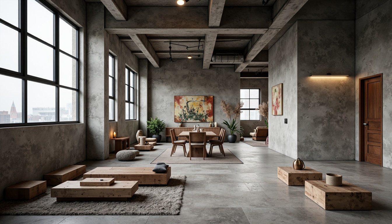 Prompt: Exposed concrete walls, rugged stone floors, industrial metal beams, raw wooden accents, minimalist decor, brutalist architectural style, urban loft atmosphere, high ceilings, large windows, natural light, cityscape views, functional simplicity, monochromatic color scheme, distressed textures, rough-hewn wood furniture, steel lighting fixtures, industrial-style pipes, concrete columns, brutalist-inspired sculptures, abstract artwork, moody ambient lighting, shallow depth of field, 2/3 composition, cinematic framing.