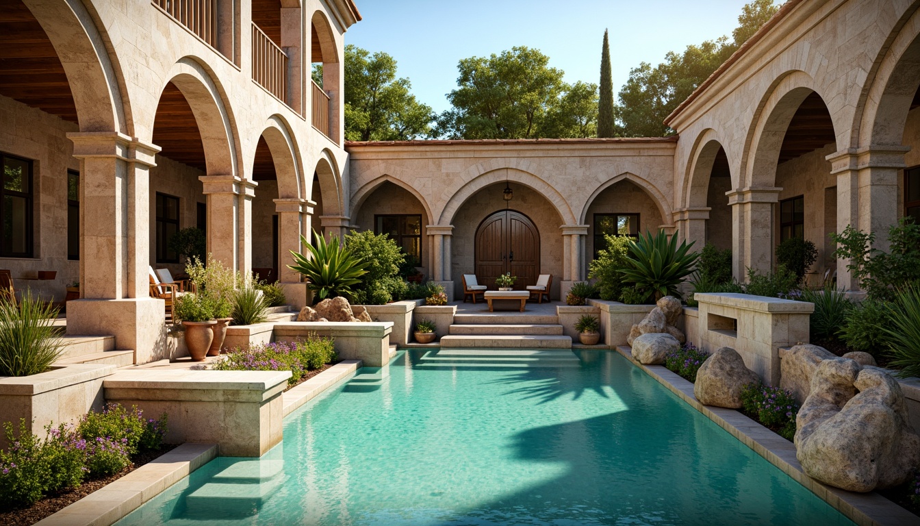 Prompt: Ancient Roman-inspired poolside, ornate stone carvings, intricately designed arches, grandiose columns, rustic brickwork, turquoise water, lush greenery, vibrant flowers, natural rock formations, cascading waterfalls, serene ambiance, warm sunny day, soft golden lighting, shallow depth of field, 3/4 composition, panoramic view, realistic textures, ambient occlusion.