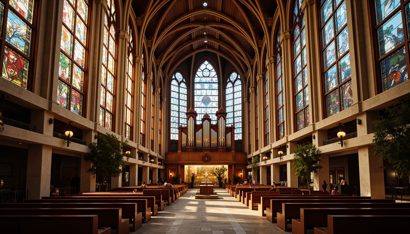 Prompt: Intricate stained glass windows, symmetrical arches, ornate vaulted ceilings, grandiose pipe organs, minimalist pews, sacred altars, geometric patterns, constructivist architecture, brutalist concrete structures, abstract sculptures, vibrant colorful mosaics, dramatic lighting effects, high contrast shadows, 1/1 composition, low-angle shot, warm golden hour lighting, realistic textures, ambient occlusion.