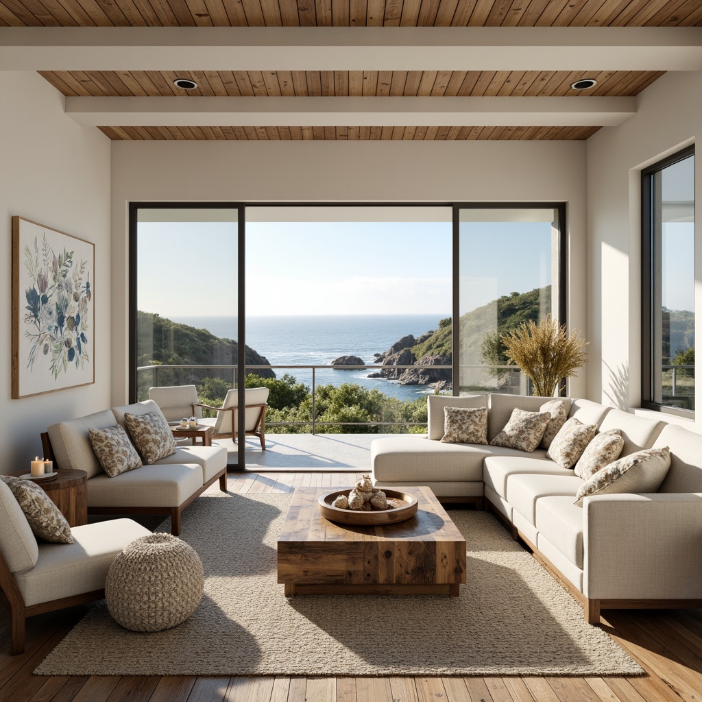 Prompt: Coastal living room, ocean-inspired color palette, driftwood accents, natural textiles, woven sea grass rugs, shell-adorned decorative pieces, floor-to-ceiling windows, sliding glass doors, beachy vibe, soft warm lighting, 1/1 composition, shallow depth of field, realistic wood textures, ambient occlusion, modern minimalist furniture, plush sectional sofas, reclaimed wood coffee tables, nautical-themed artwork, coral-patterned throw pillows, sea salt-scented candles, calming atmosphere.