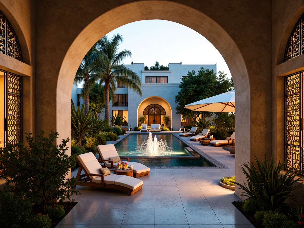 Prompt: Luxurious villa, Art Deco style, ornate metalwork, curved lines, geometric patterns, lavish furnishings, plush outdoor seating, vibrant tropical plants, exotic flowers, tranquil water features, sparkling fountains, warm golden lighting, soft evening ambiance, shallow depth of field, 1/1 composition, symmetrical framing, realistic textures, ambient occlusion.