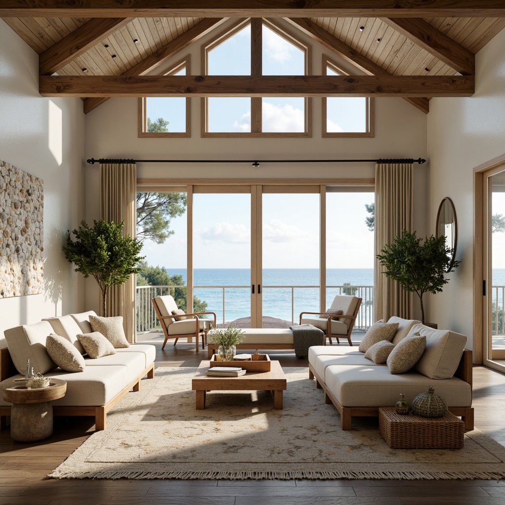 Prompt: Coastal living room, ocean-inspired color palette, driftwood accents, natural textiles, woven sea grass furniture, coral-patterned rugs, shell-adorned decorative walls, floor-to-ceiling windows, sliding glass doors, panoramic ocean views, soft warm lighting, beachy ambiance, minimalist decor, nautical-themed accessories, distressed wood flooring, plush sectional sofas, built-in shelving units, tropical plants, calming atmosphere, 1/1 composition, realistic reflections, ambient occlusion.