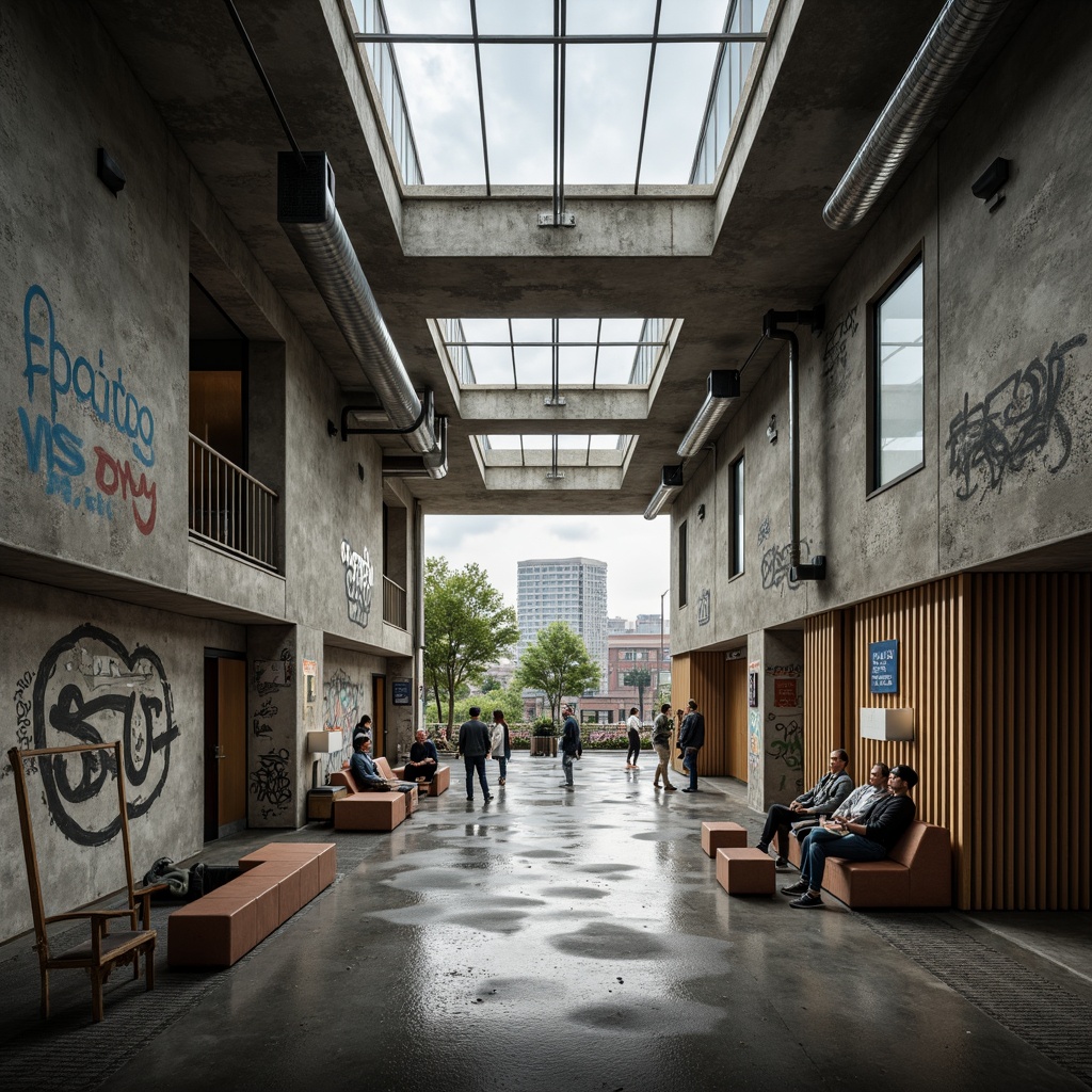 Prompt: Rugged community center, brutalist architecture, raw concrete walls, exposed ductwork, industrial metal beams, natural light pouring in, large skylights, clerestory windows, urban landscape views, gritty cityscape, overcast sky, soft diffused lighting, high contrast shadows, dramatic architectural forms, bold geometric shapes, functional minimalism, communal gathering spaces, reclaimed wood accents, weathered steel features, abstract graffiti art, moody atmospheric tones, cinematic composition, realistic textures, ambient occlusion.