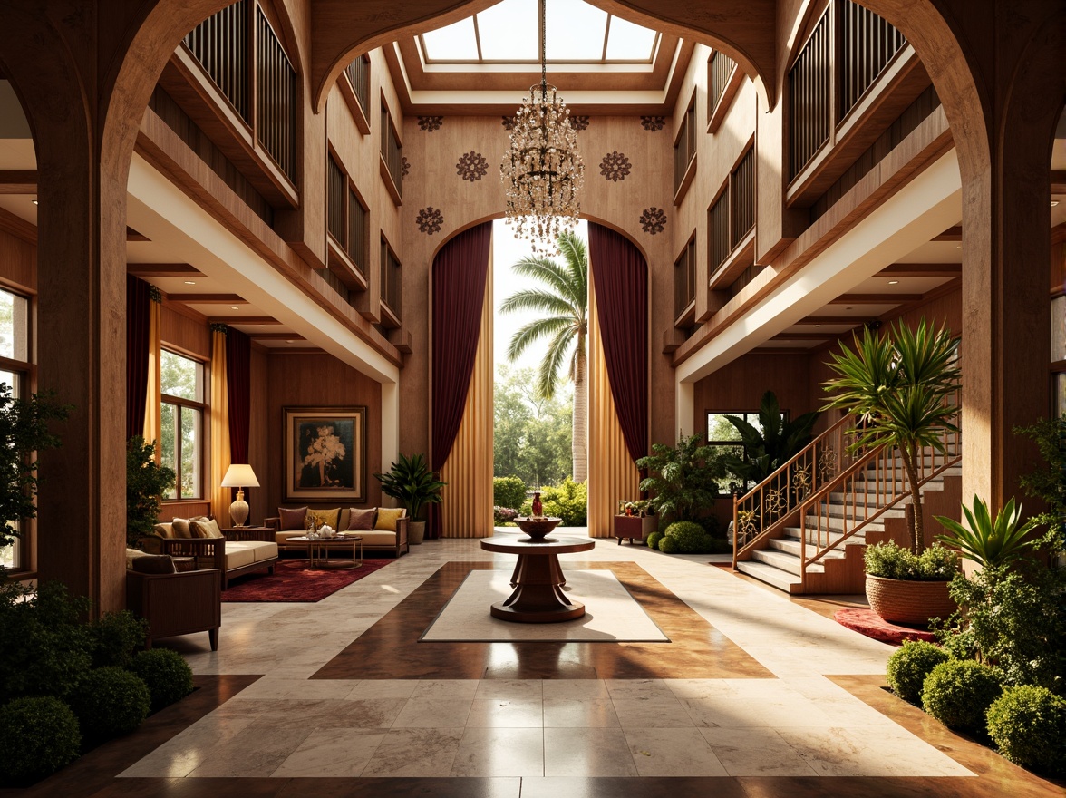 Prompt: Luxurious villa, ornate Art Deco facade, geometric patterns, metallic accents, curved lines, opulent decorations, lavish furnishings, grand staircase, intricate moldings, ornamental railings, luxurious textiles, velvet drapes, crystal chandeliers, marble floors, rich wood paneling, sunlit atrium, warm golden lighting, shallow depth of field, 1/1 composition, symmetrical framing, high-contrast rendering, realistic reflections.