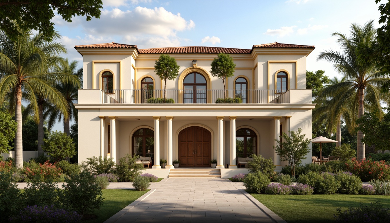 Prompt: Elegant classicism style house, soft cream facade, warm beige columns, ornate golden details, rich brown wooden doors, subtle terracotta roof tiles, lush greenery surroundings, vibrant blooming flowers, serene natural ambiance, warm sunny day, soft diffused lighting, shallow depth of field, 3/4 composition, realistic textures, ambient occlusion.