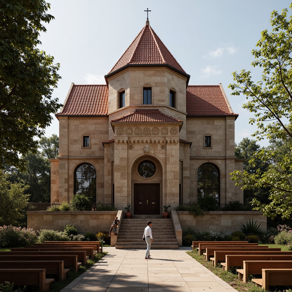 Prompt: Rustic church building, steeply pitched roof, terracotta tiles, ornate stone carvings, stained glass windows, wooden pews, vaulted ceilings, grand entrance doors, intricate stone facades, traditional vernacular style, earthy color palette, natural textures, warm ambient lighting, soft shadows, 1/2 composition, realistic render, detailed architectural elements.